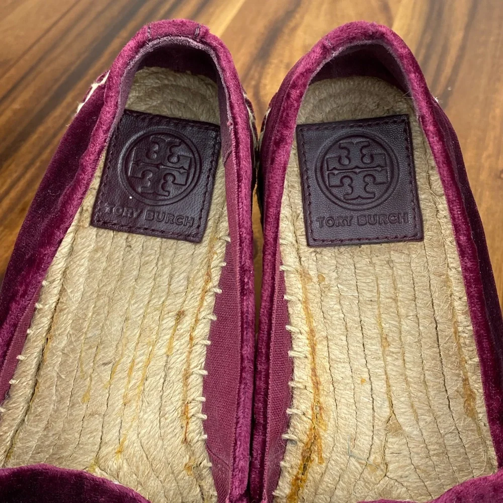 Tory Burch Chain Logo Velvet Espadrilles Bordeaux Purple Flats Women’s Size 6